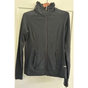 Black‎ One Tooth Full Zip Athletic Jacket Ruffle Pockets Activewear